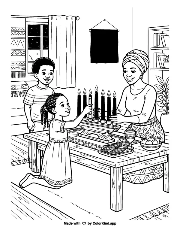 Lighting the Kinara as clean black-and-white printable line art made by ColorKind
