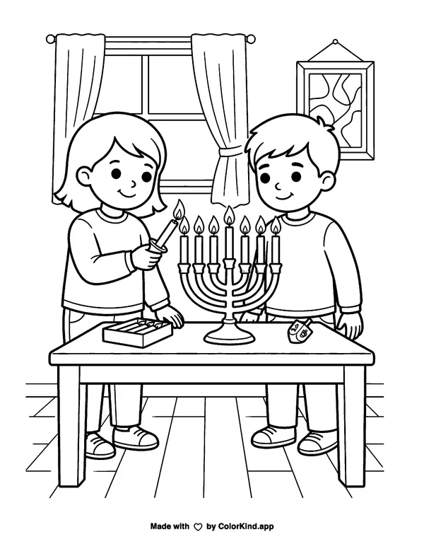 Lighting the Menorah as clean black-and-white printable line art made by ColorKind