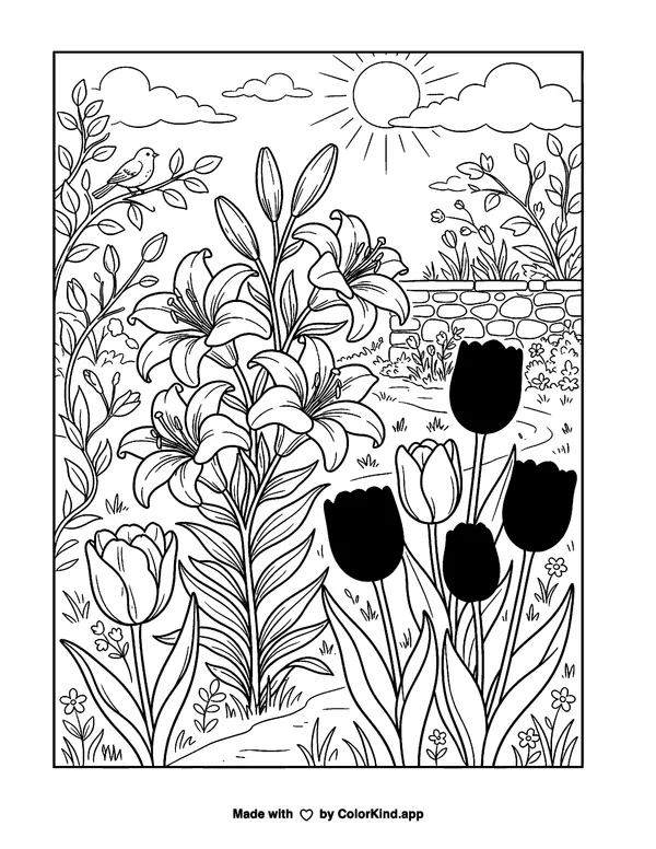 Lily and Tulip Flowers as clean black-and-white printable line art made by ColorKind