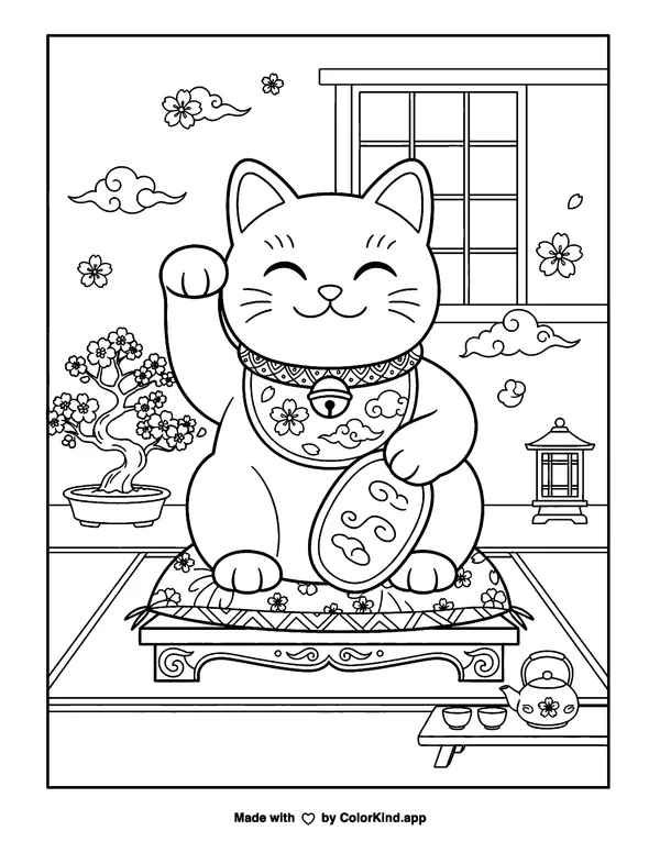 Lucky Cat as clean black-and-white printable line art made by ColorKind