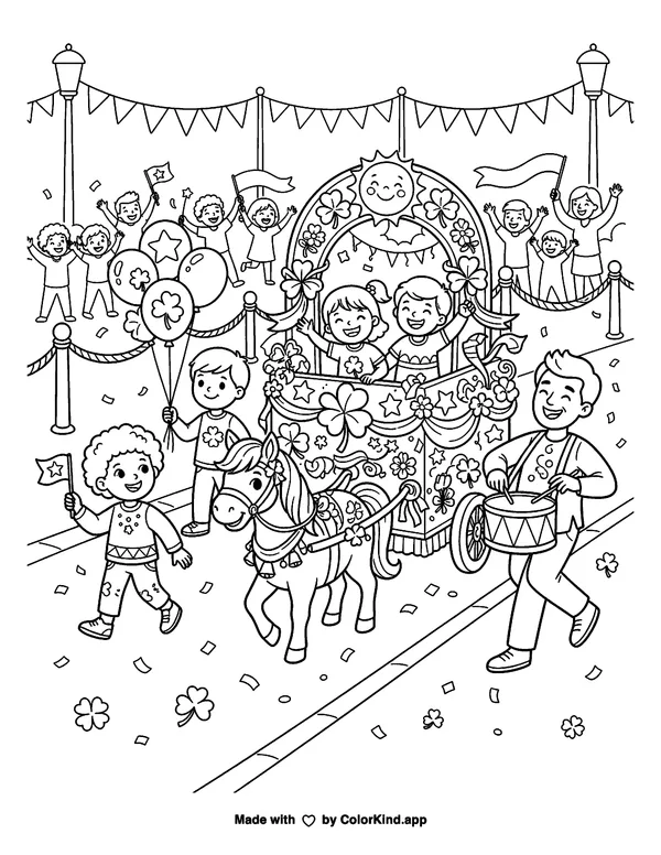 Lucky Parade as clean black-and-white printable line art made by ColorKind