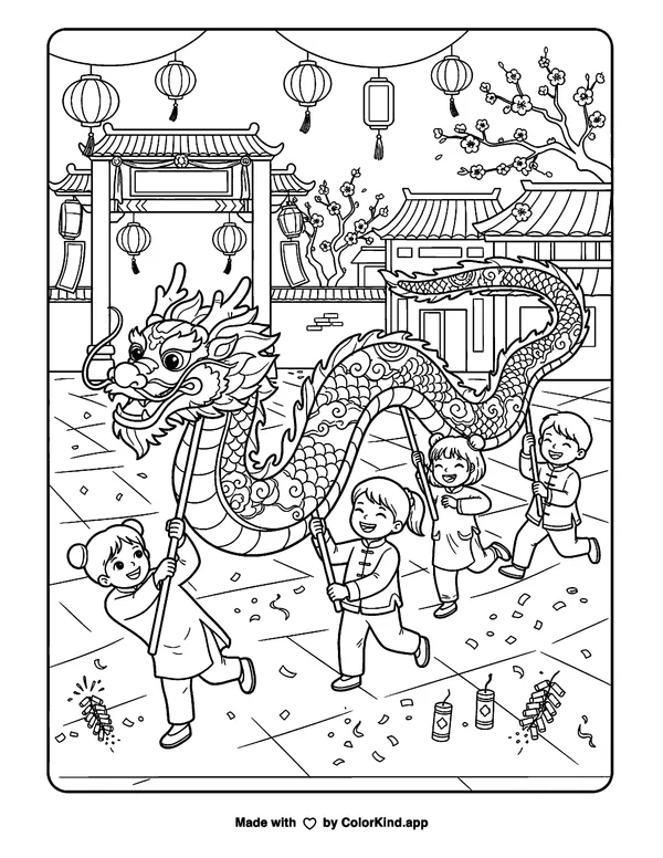 Lunar New Year Dragon as clean black-and-white printable line art made by ColorKind