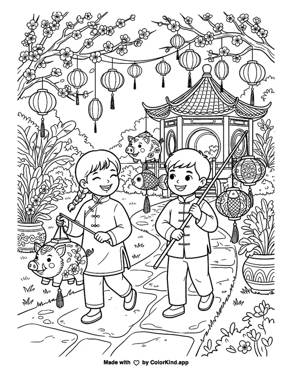 Lunar New Year Year of the Boar as clean black-and-white printable line art made by ColorKind