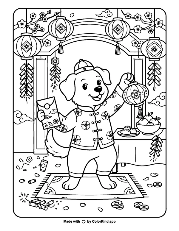 Lunar New Year Year of the Dog as clean black-and-white printable line art made by ColorKind