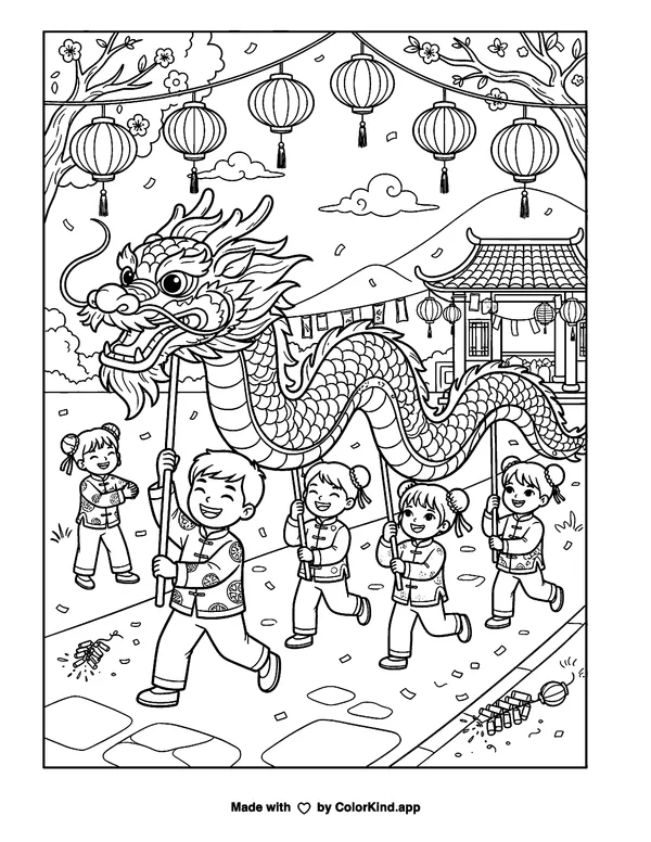 Lunar New Year Year of the Dragon as clean black-and-white printable line art made by ColorKind