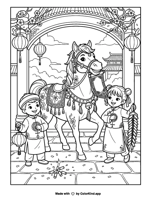 Lunar New Year Year of the Horse as clean black-and-white printable line art made by ColorKind