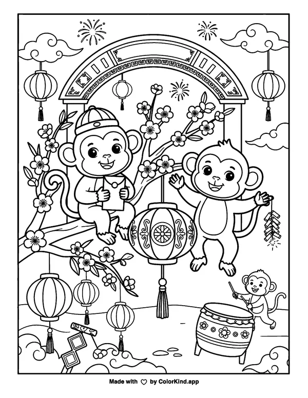 Lunar New Year Year of the Monkey as clean black-and-white printable line art made by ColorKind