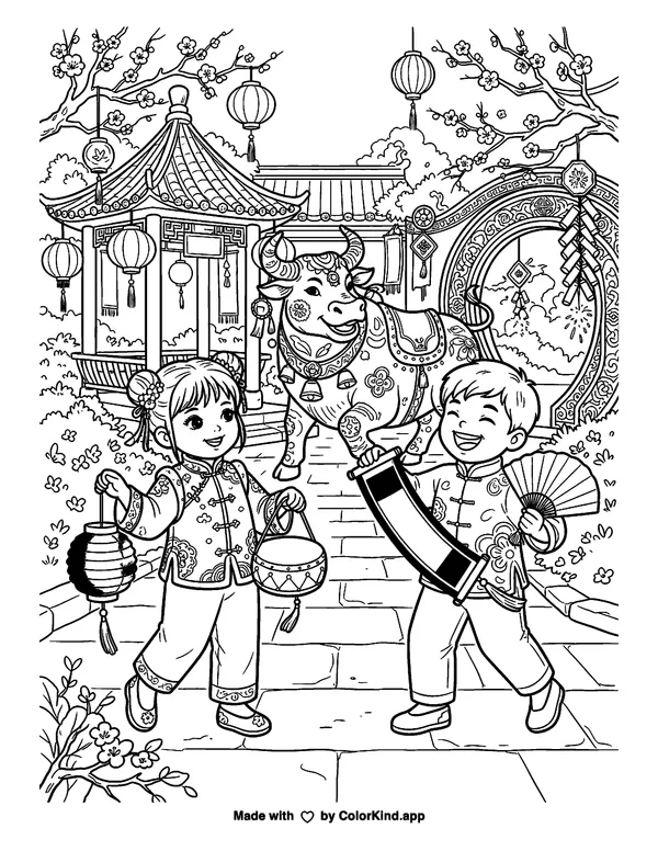 Lunar New Year Year of the Ox as clean black-and-white printable line art made by ColorKind
