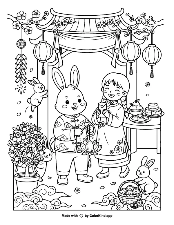 Lunar New Year Year of the Rabbit as clean black-and-white printable line art made by ColorKind
