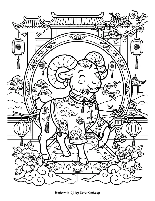 Lunar New Year Year of the Ram as clean black-and-white printable line art made by ColorKind