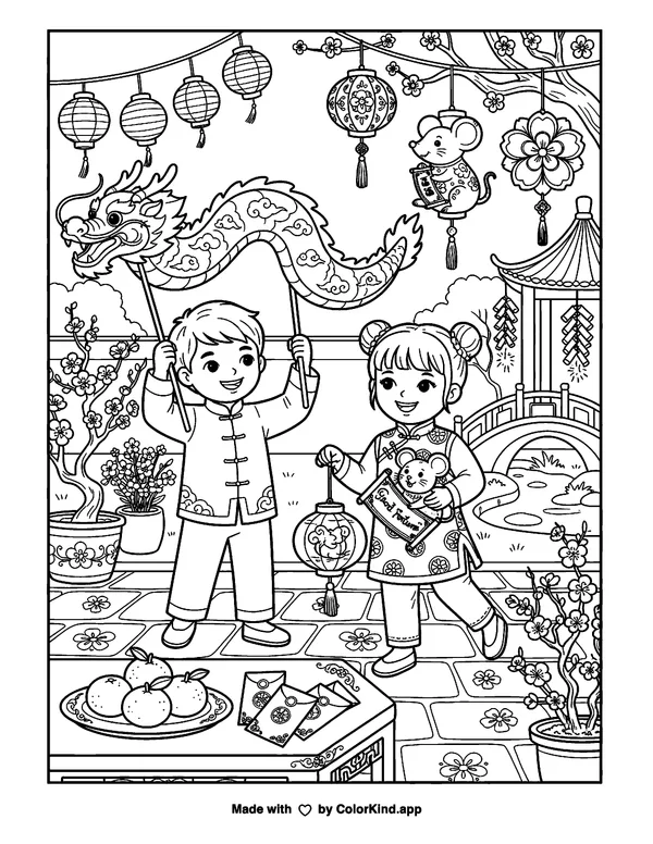 Lunar New Year Year of the Rat as clean black-and-white printable line art made by ColorKind