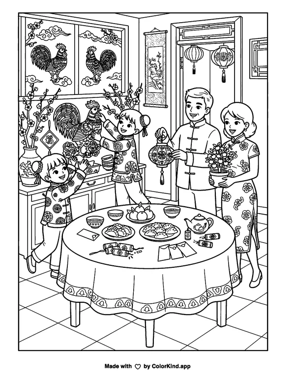 Lunar New Year Year of the Rooster as clean black-and-white printable line art made by ColorKind