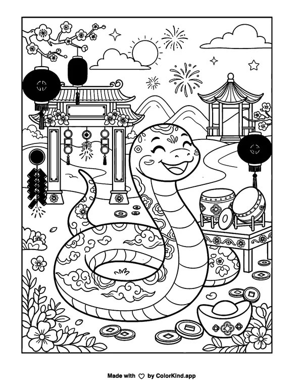 Lunar New Year Year of the Snake as clean black-and-white printable line art made by ColorKind