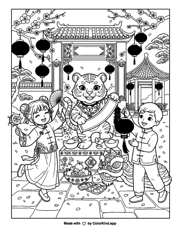 Lunar New Year Year of the Tiger as clean black-and-white printable line art made by ColorKind