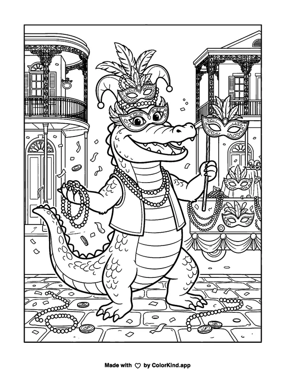 Mardi Gras Alligator as clean black-and-white printable line art made by ColorKind