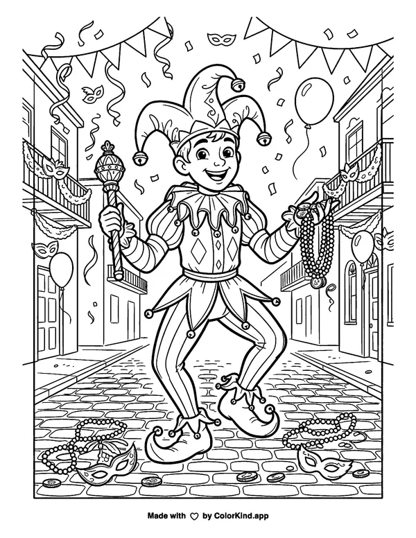 Mardi Gras Jester as clean black-and-white printable line art made by ColorKind