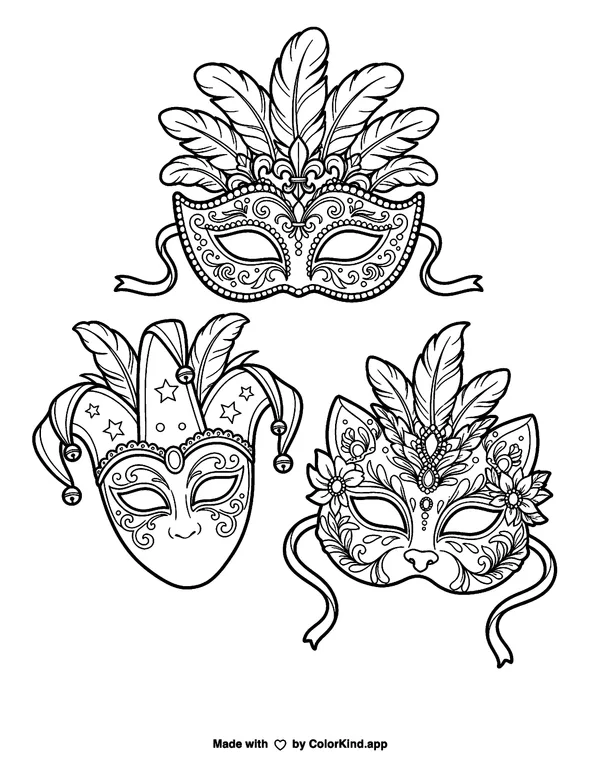 Mardi Gras Masks as clean black-and-white printable line art made by ColorKind