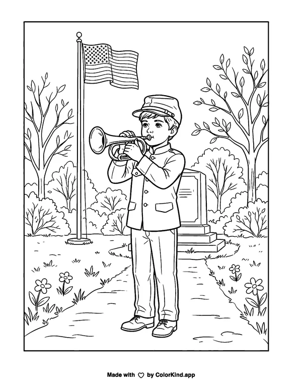 Memorial Day Bugler as clean black-and-white printable line art made by ColorKind