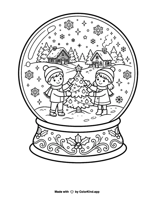 Merry Christmas Snow Globe as clean black-and-white printable line art made by ColorKind