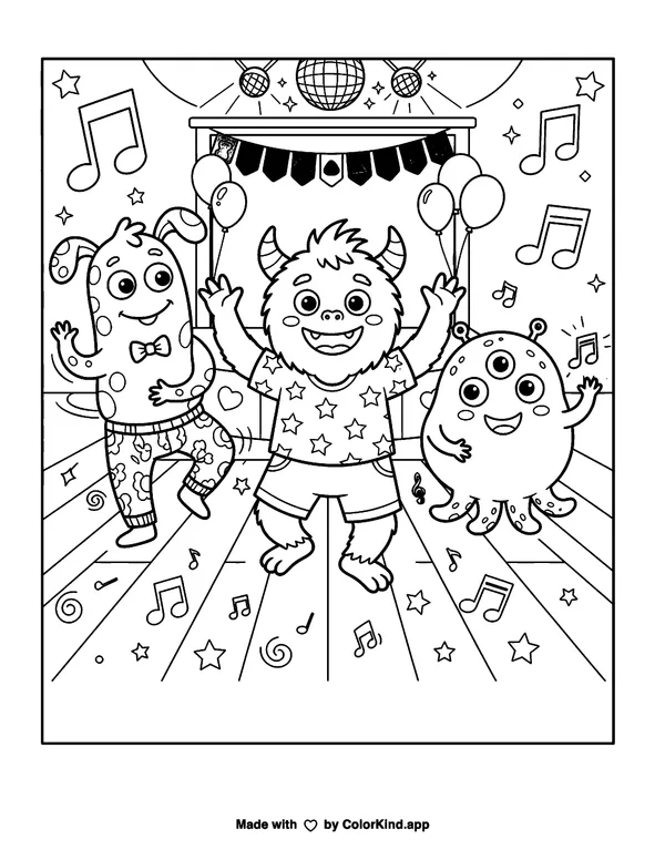 Monster Dance Party as clean black-and-white printable line art made by ColorKind