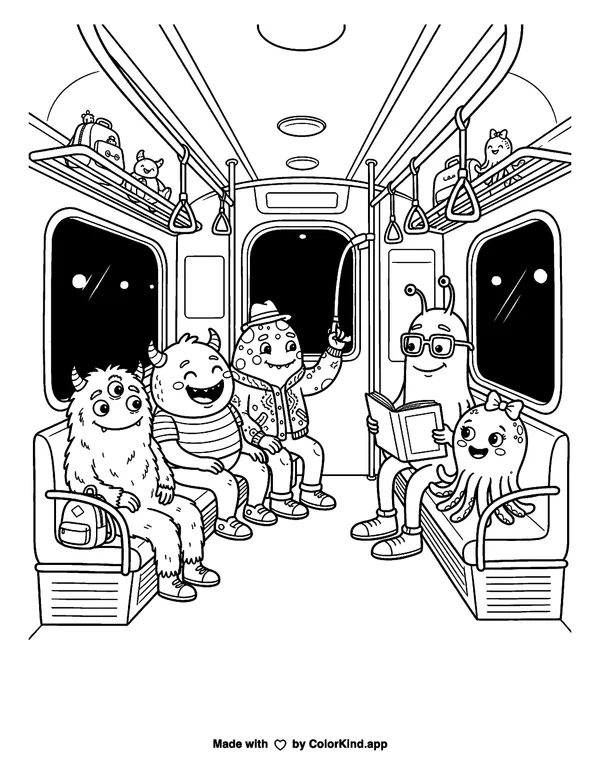 Monster Subway Ride as clean black-and-white printable line art made by ColorKind
