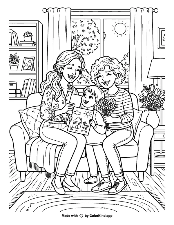 Mother's Day with Two Moms as clean black-and-white printable line art made by ColorKind