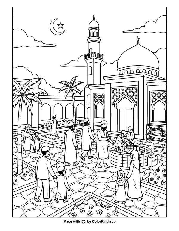 Muslims Called to Prayer as clean black-and-white printable line art made by ColorKind