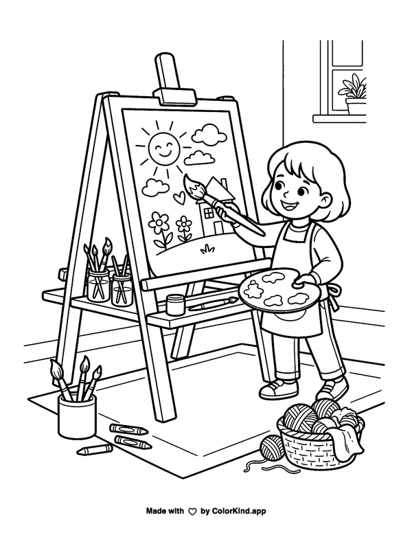 National Craft Month Art Easel as clean black-and-white printable line art made by ColorKind