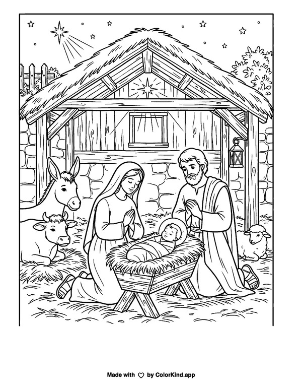 Nativity Manger as clean black-and-white printable line art made by ColorKind