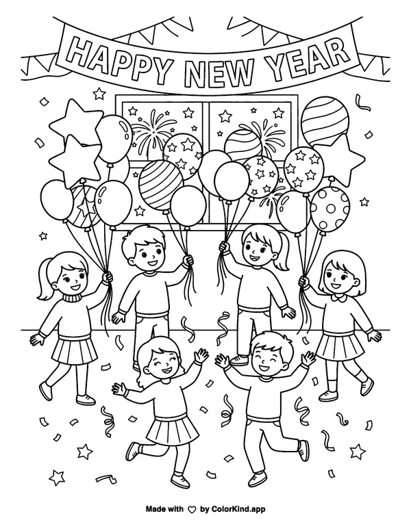 New Year's Balloons as clean black-and-white printable line art made by ColorKind