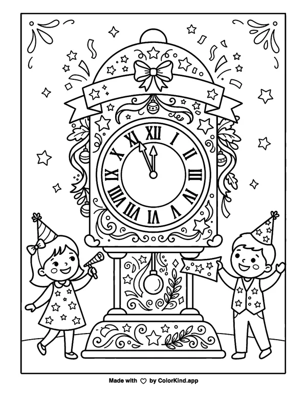 New Year's Clock as clean black-and-white printable line art made by ColorKind