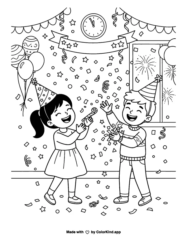 New Year's Confetti as clean black-and-white printable line art made by ColorKind