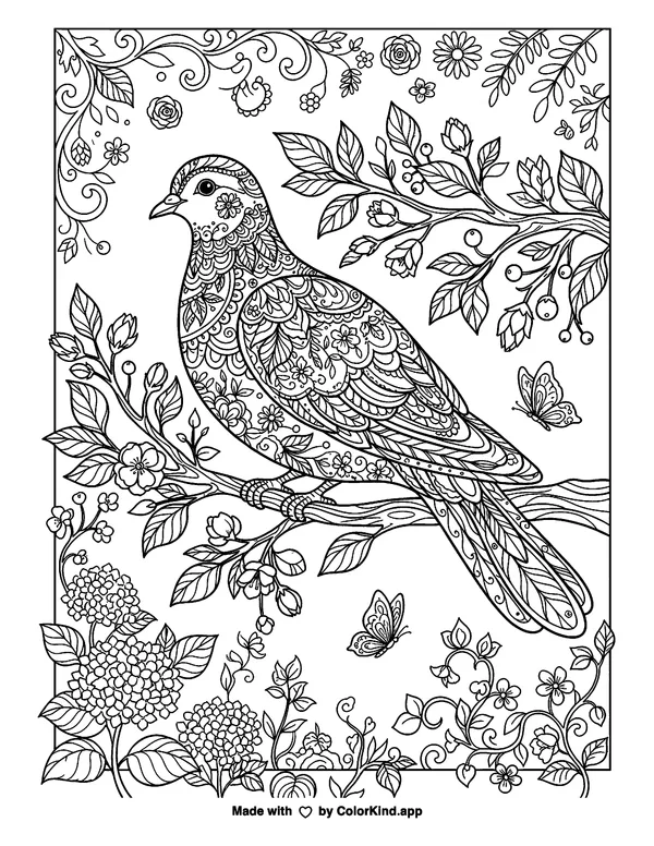 Ornate Dove as clean black-and-white printable line art made by ColorKind