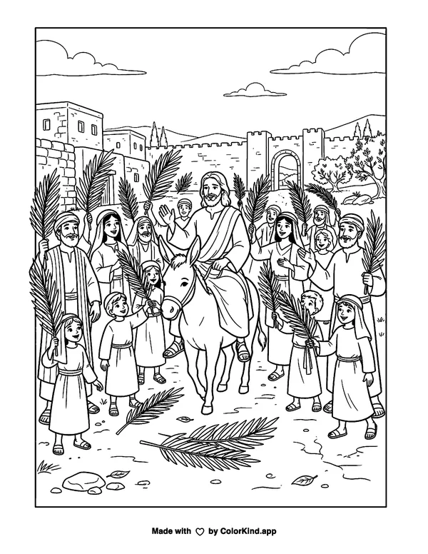 Palm Sunday as clean black-and-white printable line art made by ColorKind