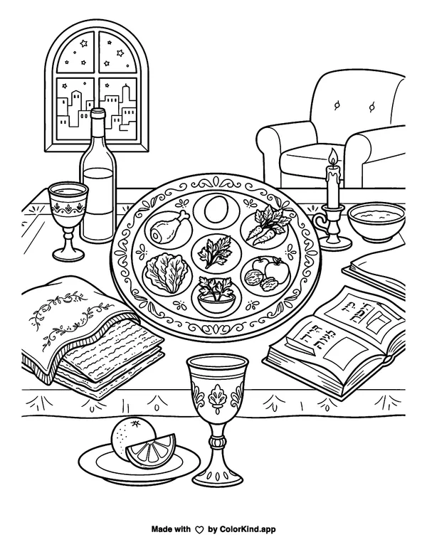 Passover Symbols as clean black-and-white printable line art made by ColorKind