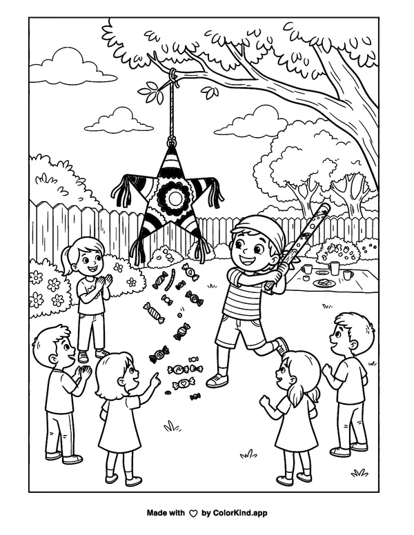 Piñata Bust as clean black-and-white printable line art made by ColorKind