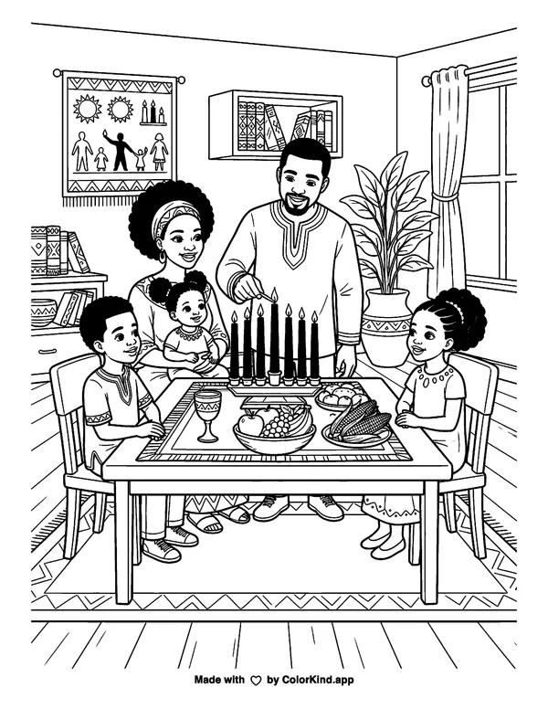 Principles of Kwanzaa as clean black-and-white printable line art made by ColorKind