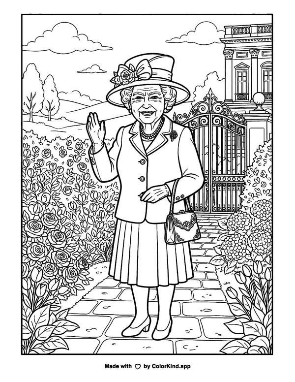 Queen Elizabeth II as clean black-and-white printable line art made by ColorKind