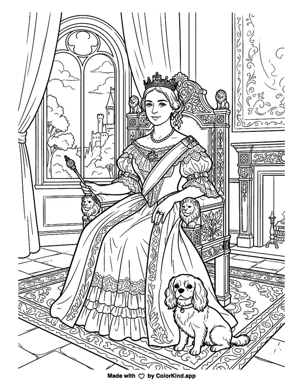 Queen Victoria as clean black-and-white printable line art made by ColorKind