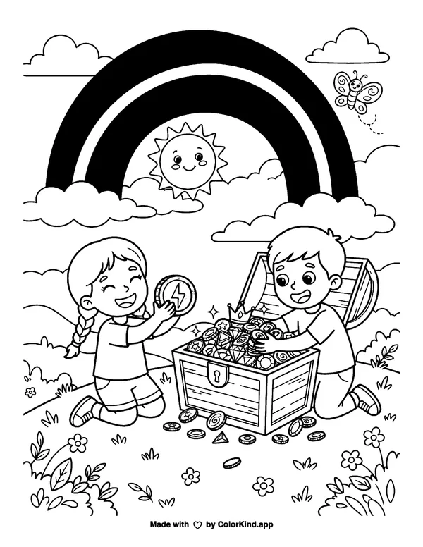 Rainbow and Gold as clean black-and-white printable line art made by ColorKind