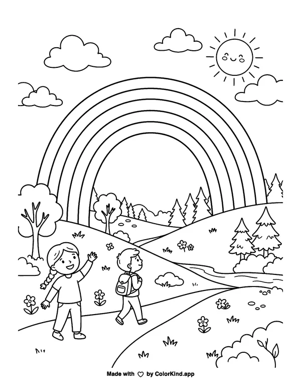 Rainbow as clean black-and-white printable line art made by ColorKind