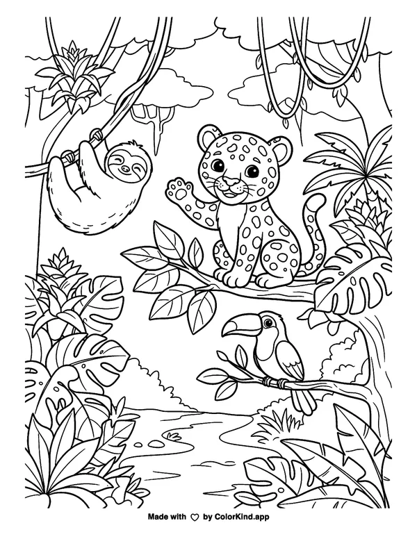 Rainforest Day as clean black-and-white printable line art made by ColorKind