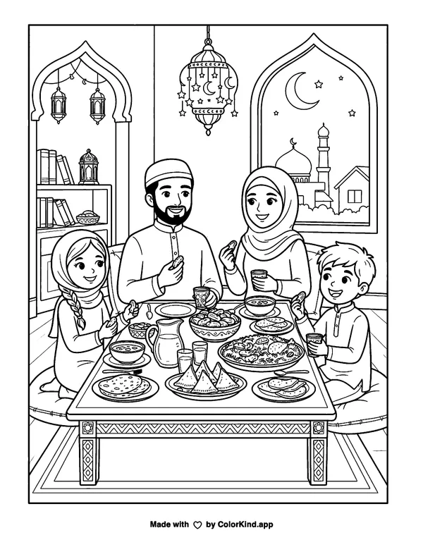 Ramadan Iftar as clean black-and-white printable line art made by ColorKind