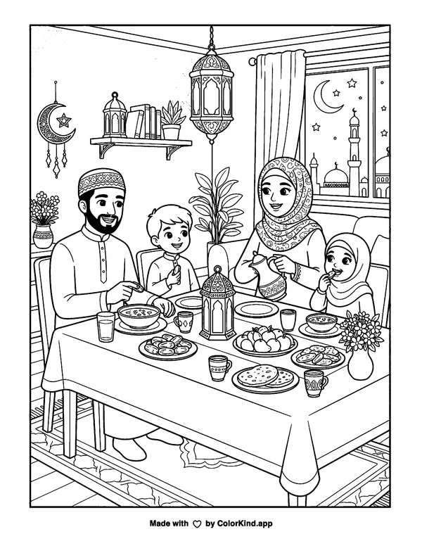 Ramadan Mubarak as clean black-and-white printable line art made by ColorKind
