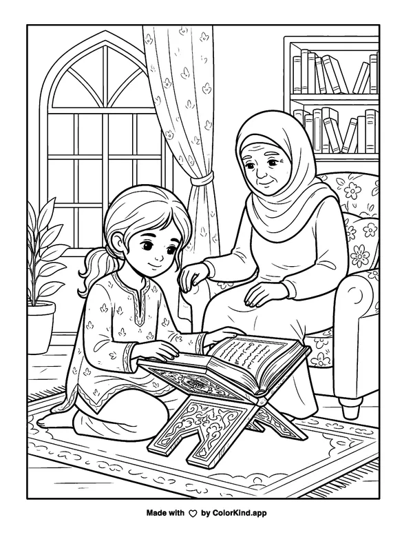 Reading the Qur'an as clean black-and-white printable line art made by ColorKind