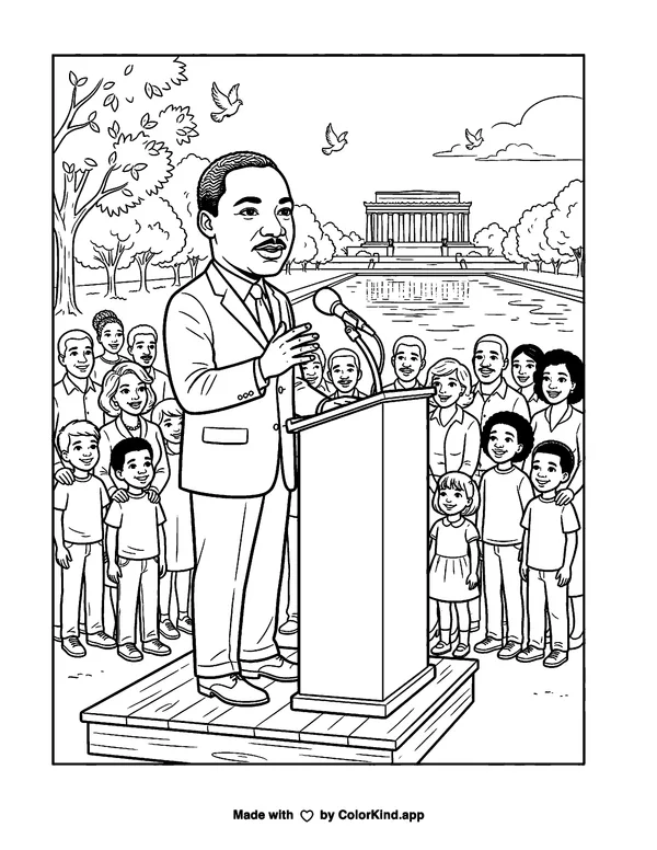 Reverend Dr Martin Luther King Jr as clean black-and-white printable line art made by ColorKind