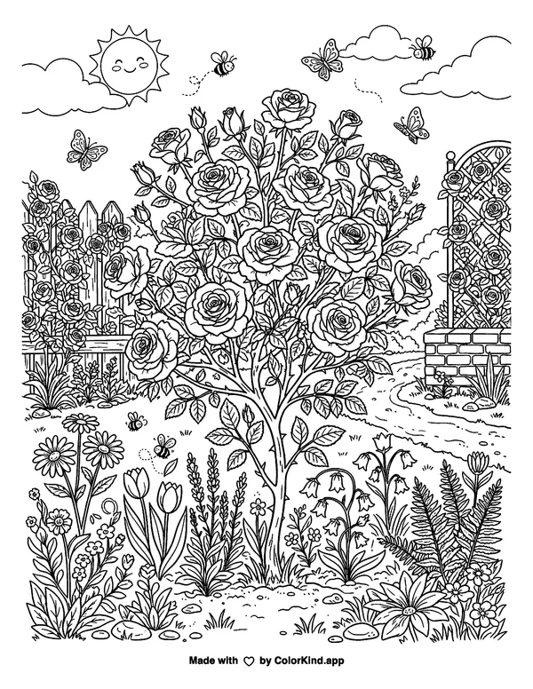 Rose and Blooming Flowers as clean black-and-white printable line art made by ColorKind
