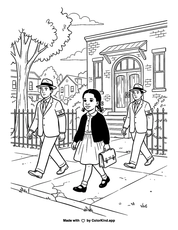 Ruby Bridges as clean black-and-white printable line art made by ColorKind