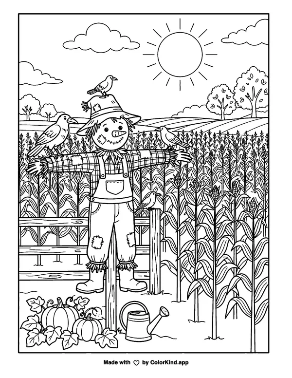 Scarecrow Watching as clean black-and-white printable line art made by ColorKind