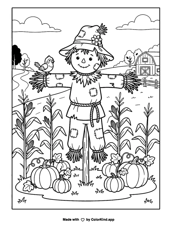 Scarecrow as clean black-and-white printable line art made by ColorKind
